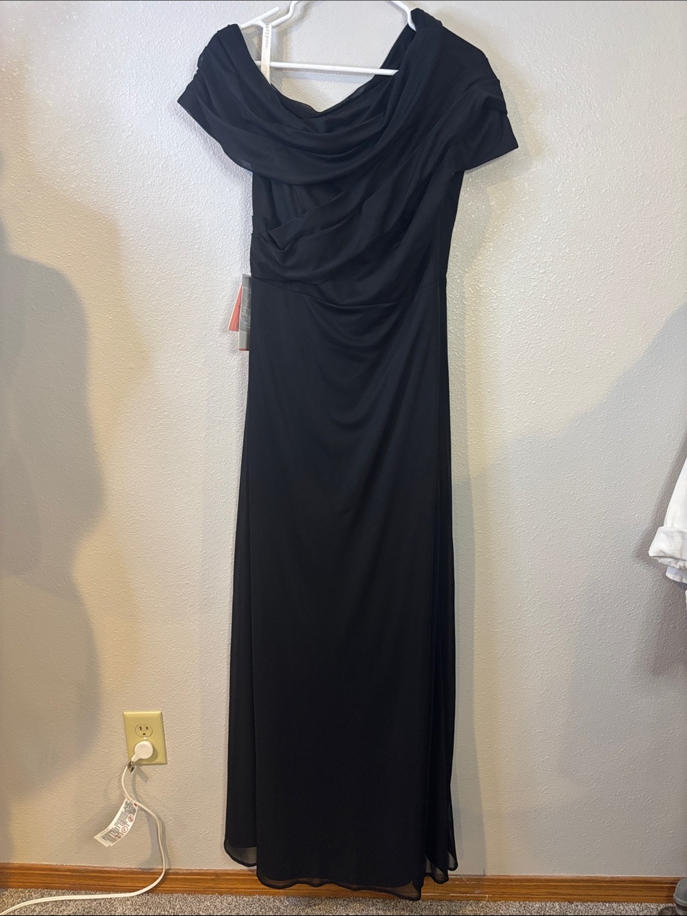 JJs House Black Off-Shoulder Draped Maxi Dress kinslea chiffon